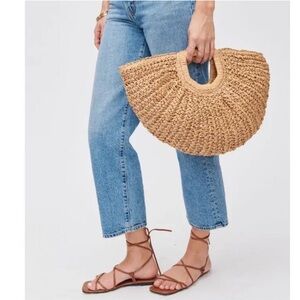 Ramla Natural Straw Half-Moon Bag With Woven Texture Wooden Handle Bohemian NEW